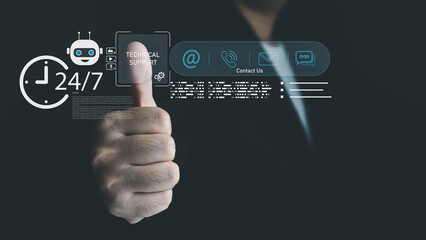 A hand gives a thumbs-up, interacting with a futuristic digital interface displaying a 24 clock, a bot, and 