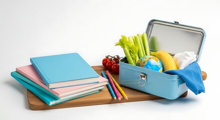 Back-to-school, overhead shot of lunchbox on desk with healthy food, books, pencils, educational still life for blog, website, or article.