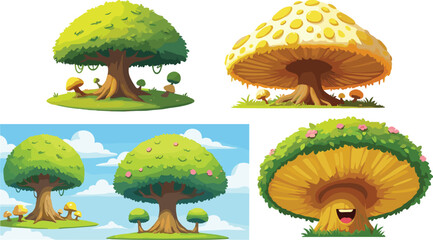 Cartoon fantasy trees and mushrooms illustration with nature landscape, whimsical forest design, colorful vector art, magical environment, playful background.