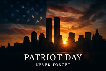 Patriot day never forget silhouette of twin towers and american flag