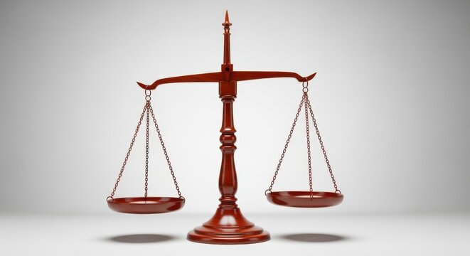 A classic wooden justice scale with two empty pans balanced against a neutral grey background - Powered by Adobe