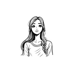 Elegant line art illustration of a young woman with a braid and flowing hair style for diverse
