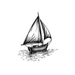 Elegant minimalist sailboat graphic illustration floating peacefully on calm waters in black and