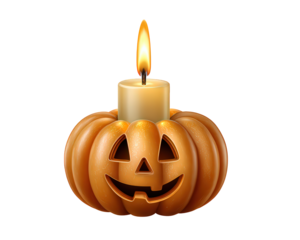 Spooky smiling carved jack o lantern pumpkin with glowing candle light. Halloween decoration element with happy face providing warm glow on transparency background