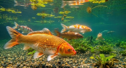 Naklejka premium Vibrant Underwater View of Colorful Koi Fish and Aquatic Plants in a Serene Pond