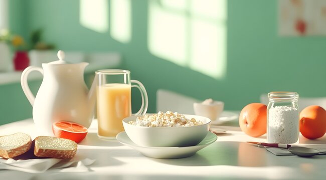 White kitchen table with assorted breakfast items arranged