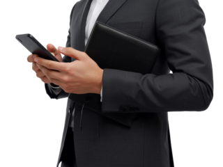 Professional man using smartphone while holding agenda, business connection in modern workplace,