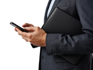 Executive using mobile device and holding documents folder against isolated transparent setting