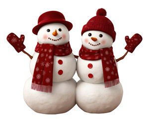 Cheerful and cute snowman couple celebrating winter holiday. Happy smiling characters wearing red hat and scarf for festive christmas celebration together