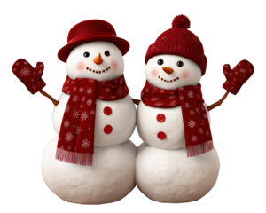 Cheerful and cute snowman couple celebrating winter holiday. Happy smiling characters wearing red hat and scarf for festive christmas celebration together