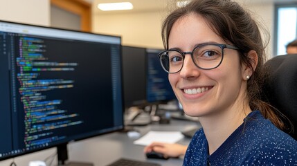Young Woman Smiling in Front of Computer Screens with Code Display