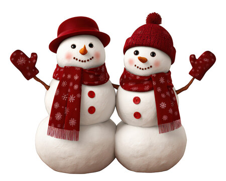 Cheerful and cute snowman couple celebrating winter holiday. Happy smiling characters wearing red hat and scarf for festive christmas celebration together