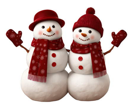 Cheerful and cute snowman couple celebrating winter holiday. Happy smiling characters wearing red hat and scarf for festive christmas celebration together