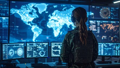 Focused soldier in tactical operations war room, surrounded by glowing digital maps and multiple screens, analyzing battlefield strategy