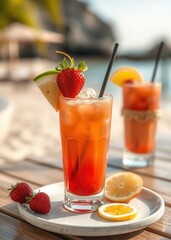 Tropical strawberry cocktail drink by the beach with sea and summer vibes drink, umbrella, cocktail, summer 