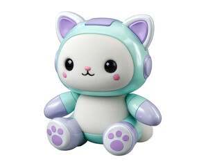 Obraz premium Cute adorable robot cat toy character sitting. This charming pastel AI pet represents future technology. Friendly robotic companion with fun concept for modern playthings