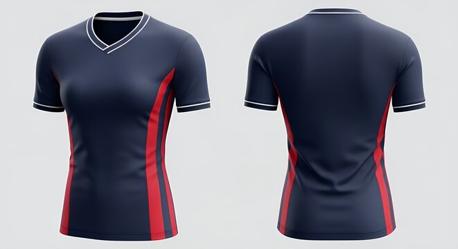 Women's Navy Blue & Red Short Sleeve V-Neck Sports Jersey Mockup