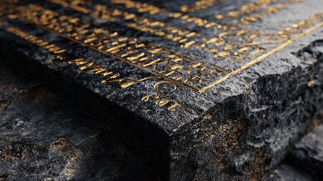 Dark stone with etched golden script, angled view, texture and details visible