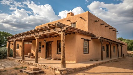 Obraz premium Adobe house with wooden porch and cloudy sky in santa fe style