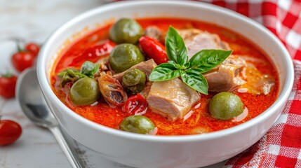 Savory Red Broth Soup with Meat, Green Olives, and Fresh Herbs
