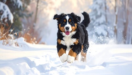 A joyful Bernese Mountain Dog puppy runs through a snowy landscape, bathed in sunlight.