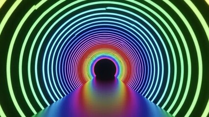 A vibrant concentric rainbow tunnel with illuminated rings and a gradient floor leads to a dark circular opening - Powered by Adobe