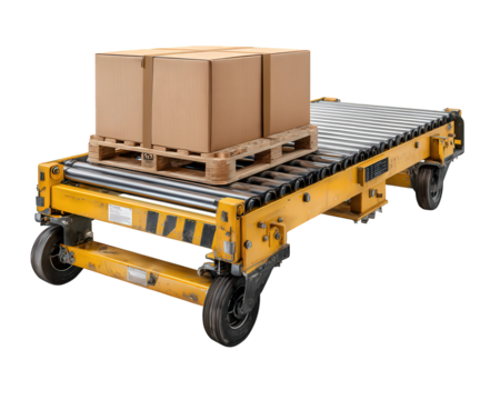 Automated industrial pallet conveyor for warehouse transportation. Efficient logistics equipment moving cargo and box shipment, representing smooth supply chain operation