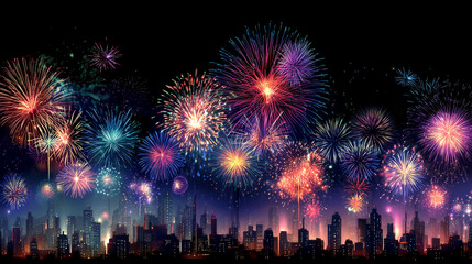 Colorful Fireworks Over City Skyline Night Celebration