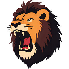 A lion's expression with its mouth wide open.
The open mouth reveals sharp white teeth and a red tongue.