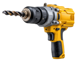 Powerful yellow cordless power drill construction tool for repair and carpentry work. An isolated element showing professional equipment for home improvement and building