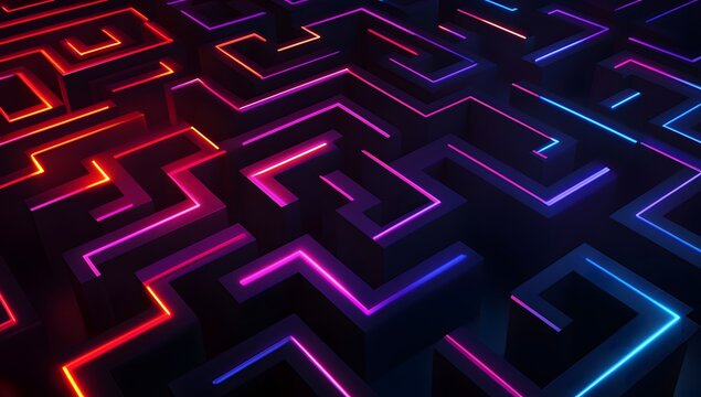 Futuristic neon maze glowing in blue and red light - Powered by Adobe