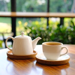 Coffee and tea set on a wooden table