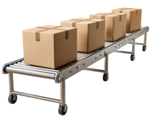 Row of cardboard box packages moving on conveyor production line, smooth concept for shipping and delivery logistics inside modern automated factory or warehouse
