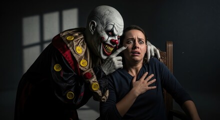 Frightening Encounter: Terrified woman facing a menacing clown in a shadowy setting