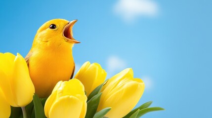 Vibrant Yellow Bird Singing Among Bright Yellow Tulips and Sky