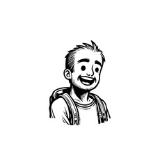 Expressive line art of a smiling young man with backpack showing casual joy and adventure exploring