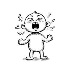 Expressive line art depicts a distressed infant loudly protesting with vigorous emotion and