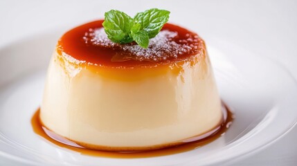 Smooth and Silky Flan Dessert with Caramel Sauce and Mint Leaf Garnish