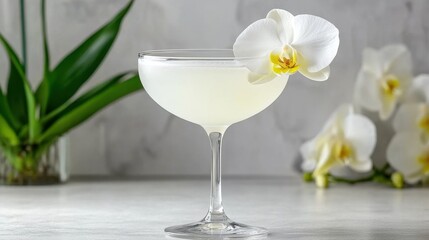 Elegant Cocktail with White Orchid on Light Marble Surface