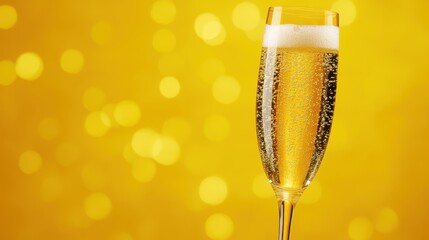Sparkling Champagne in Flute Glass Against Golden Bokeh Background