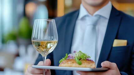 Elegant Waiter Serving Gourmet Dish with Wine in Upscale Restaurant