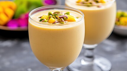 Creamy Mango Pudding with Nuts in Elegant Glasses on a Table