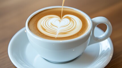 Beautiful Latte Art Heart Design in White Coffee Cup on Wooden Table