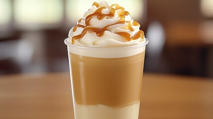 Creamy Caramel Coffee Beverage with Whipped Topping in Clear Cup