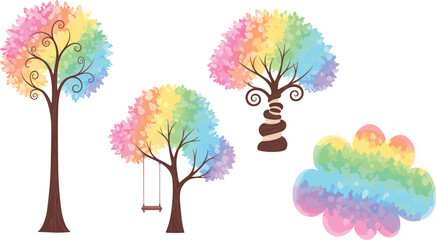 Colorful rainbow trees illustration with watercolor effect, fantasy design, abstract foliage, artistic nature background, decorative vector art, creative elements