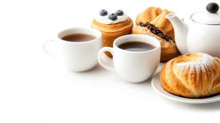 Fresh Pastries and Tea with Coffee in Bright Morning Light