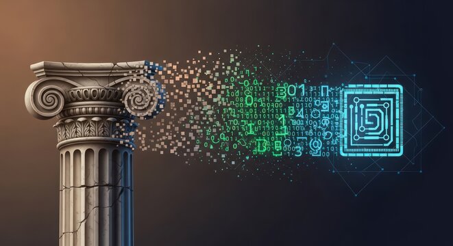 Conceptualization of digital transformation representing traditional foundation adapting to modern