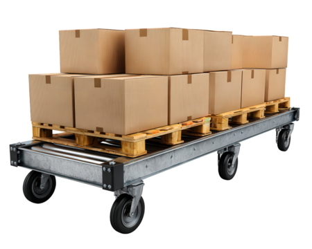 Industrial dolly with wooden pallet and cardboard box ready for shipping. roller track conveyor for warehouse logistics and transportation of goods, isolated - Powered by Adobe