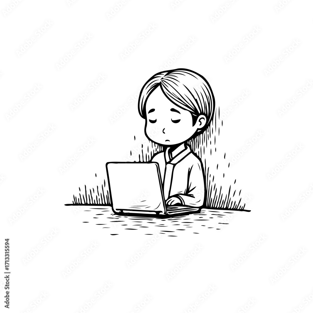 Wall mural focused little programmer engrossed in laptop screen creating code or designing website for