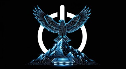 Cybernetic Ascension: Eagle soaring from digital peak technology and power symbol